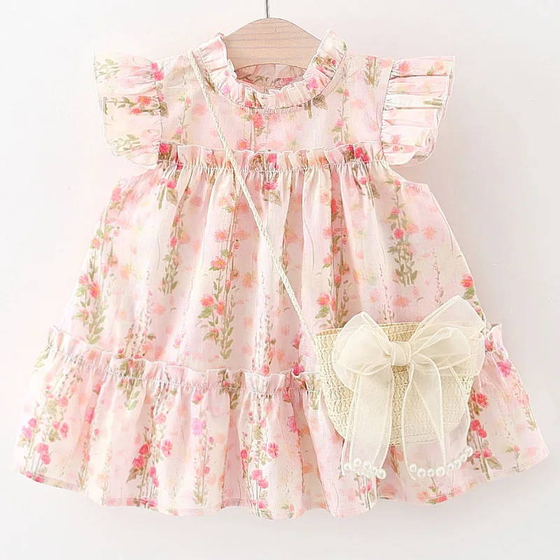 

2Piece Summer Baby Flower Girl Dresses Korean Fashion Cute Sleeveless Princess Toddler Dress+Bow Bag Boutique Kids Clothing B113