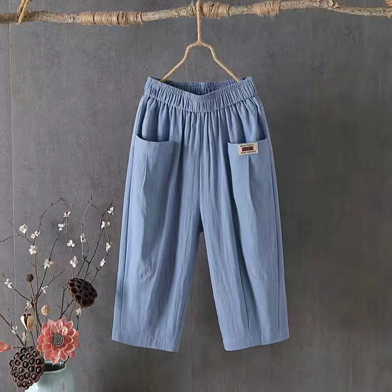 Cotton Linen Cropped Pants for Women in Summer Solid Loose Fit Large Size Elastic Waist Small Legs Haren Pants Casual Pants 8207