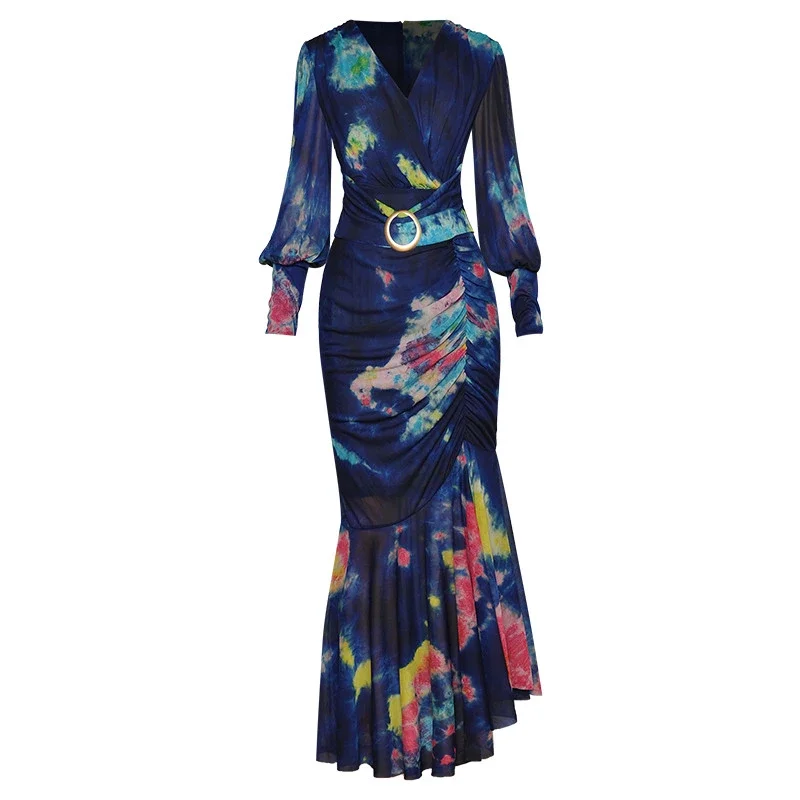 

Fashion Runway Autumn Women V-neck Lantern Sleeve Folds Tie Dye Print Slim Party Mermaid Dresses