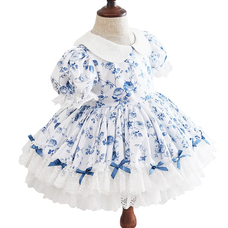 Summer 2PCS Baby Clothing Summer Spanish Lolita Ball Gown Lace Bow Print Design Turkey Vintage Princess Dresses For Girls Eid