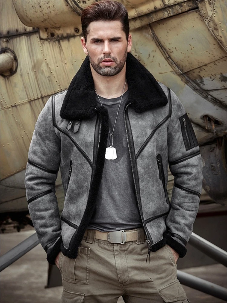 سترة شيرلينغ للرجال من جلد الغنم معطف شتوي من الفرو سترة جلدية B3 سترة طيران