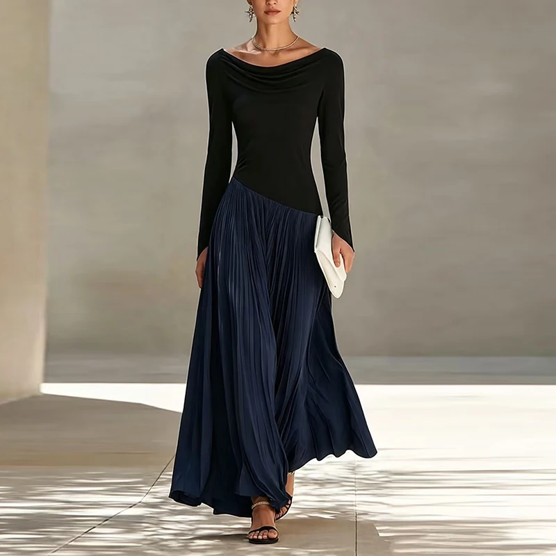 Ladies Elegant Temperament Party Dresses Vintage Color Blocking Design Hem Long Dress Casual O Neck Long Sleeved Commuting Dress