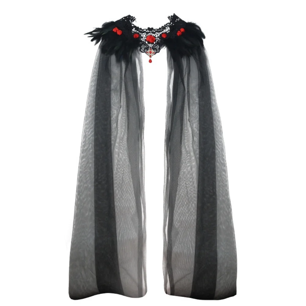 Black Feather Shoulder Veil Elegant Halloween Witch Cloak Lace Mesh Shawl Cloak Charming Red Rose Feather Cape For Everyday Wear