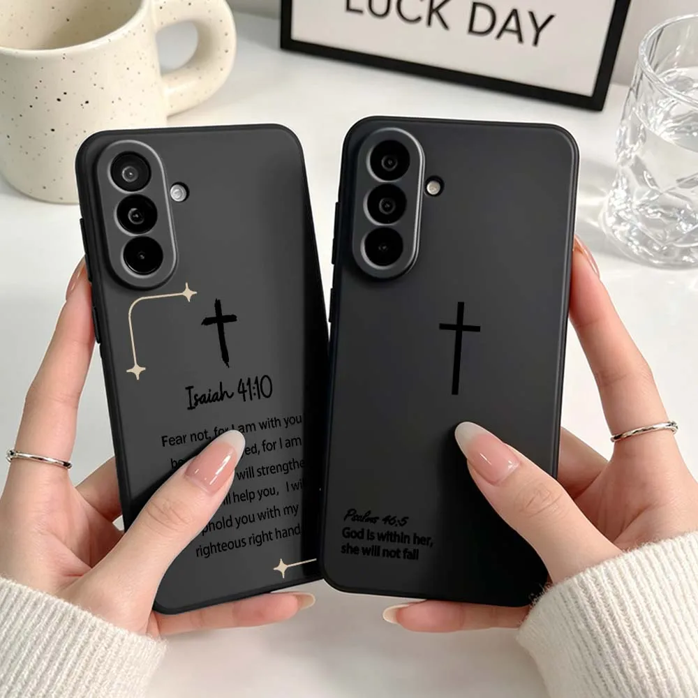 Dark Cross Bible Verse Phone Case For Samsung A04 A05 A06 A07 A12 A3 A14 A15 A16 A17 A23 A24 A25 A26 A32 A22 A31 Black
