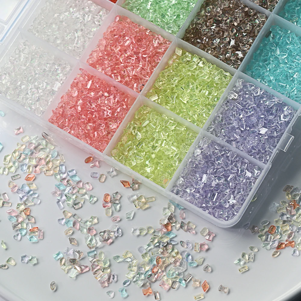 

1Box 2000+ Colorful Irregular Crushed Stone Nail Art Charms Love/Butterfly/Square Ice Translucent Sparkling Diamond Nail Decorat
