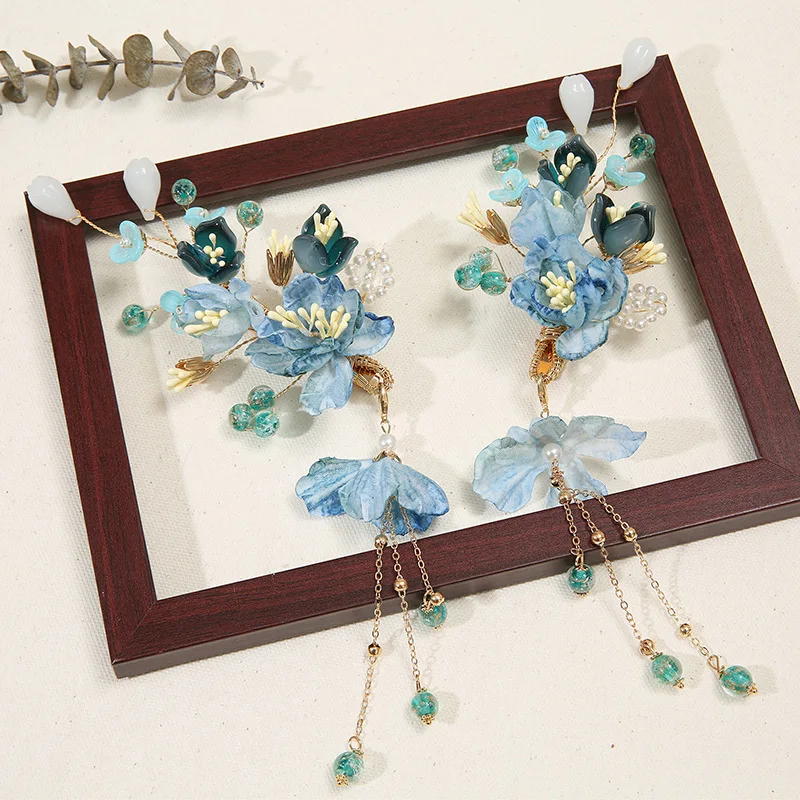 Tassel Hair Clip 2PCS Chinese Style Hairpin For Girl Hanfu Decor Pearl Fringe Tiaras Fairy Flower Barrettes Vintage Hair Jewelry