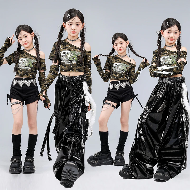 

Топы на одно плечо для девочек в стиле K-pop, блестящие кожаные брюки, шорты для уличных танцев, детская уличная одежда в стиле хип-хоп, одежда для джазовых танцев для девочек, одежда для детских групп.