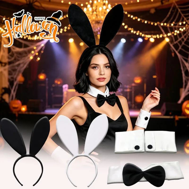 1-10PCS Black Lace Rabbit Ear Headband Furry Plush Bunny Costume Hair Accessory for Cosplay Halloween Masquerade Party Props