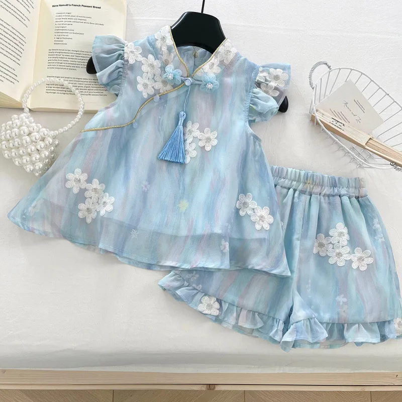

Children's Outfit New Summer Girl Baby New Chinese Style Dress Flutter Sleeve Embroidered Mesh Princess Dress Two-Piece Set