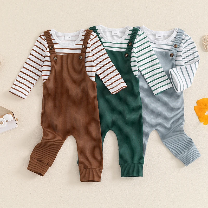 Pudcoco Infant Kids Baby Boys Girls Fall Outfits Long Sleeve Stripes Print Romper + Overalls Set Clothes 0-18M