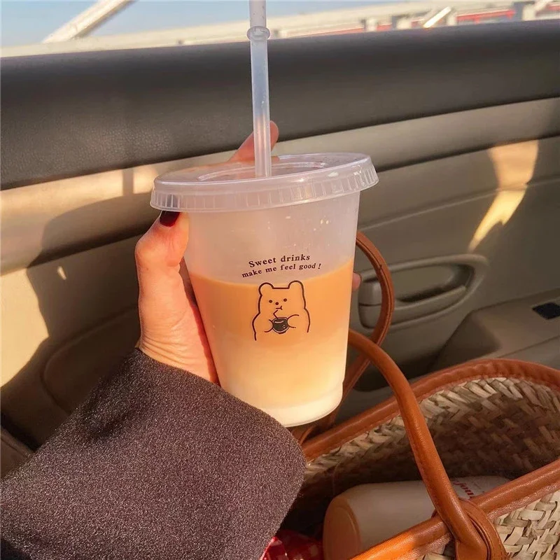 Water Cup for Coffee Juice Milk Tea Kawaii Plastic Cold Cups With Lid Straw Portable Reusable Drinking Bottle BPA Free