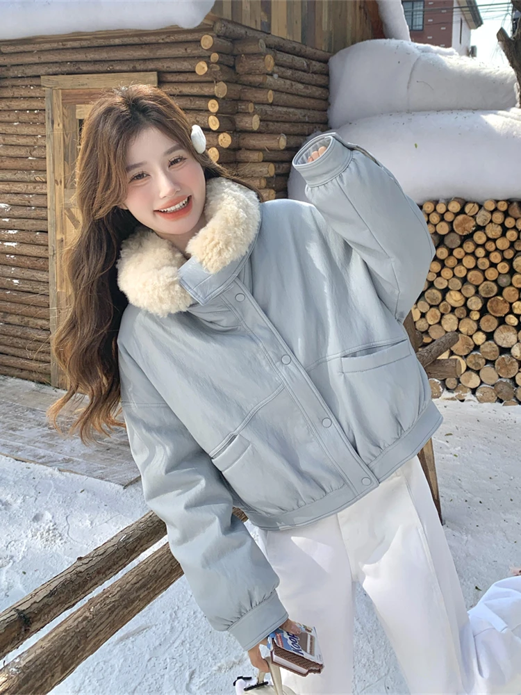 ブルーラムファー襟付きPUレザーダウンジャケット レディース 冬 2024 新作 アメリカンレトロ 小さいサイズ 高級感 通勤 スタイリッシュ