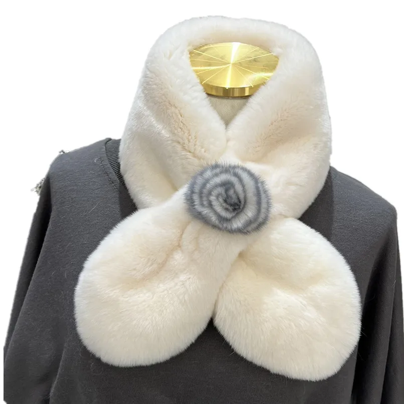 

Women Winter Thicken Real Rex Rabbit Fur Scarf Solid Color with Rose Collar Neck Warmer Full Pelt Neckerchief