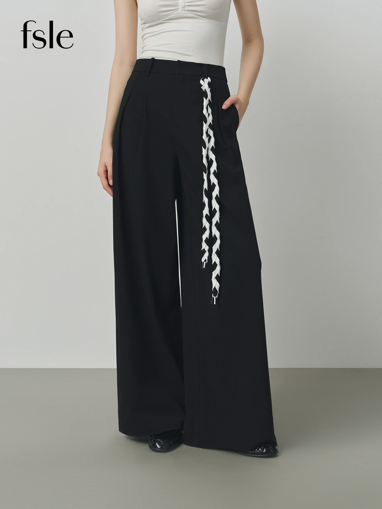 FSLE 2025 New Women Loose Fit Wide Leg Pants Black White Trousers High Waist Casual Pants Soft Drapey Free Waist Rope Vintage