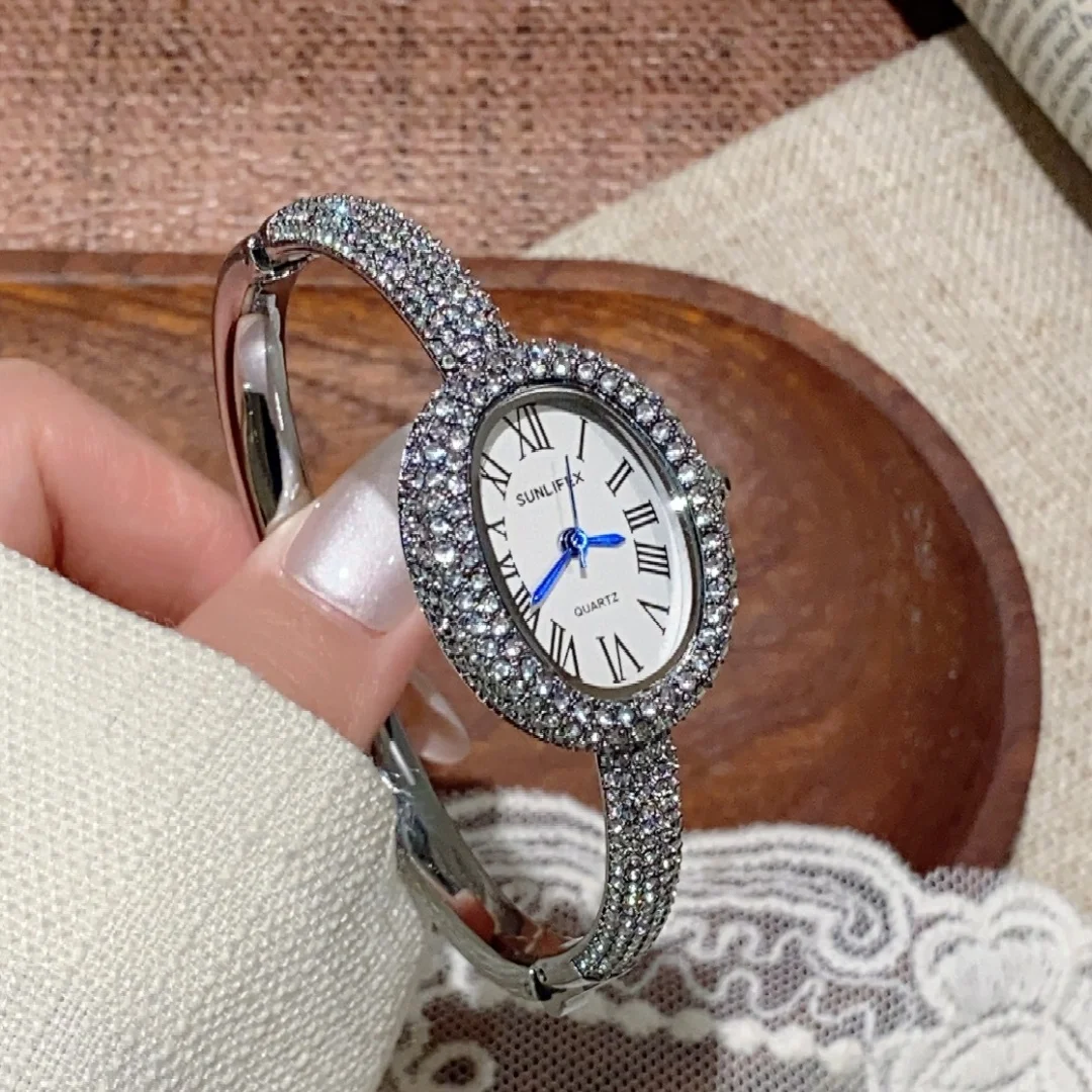 Sunlifex كامل الماس ووتش المرأة الفضة اليد الإسورة سوار ساعات الكوارتز السيدات ساعة اليد Relogio Feminino Saati