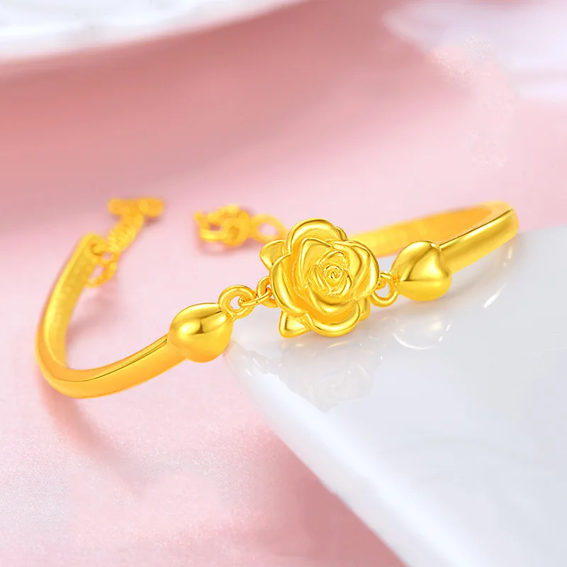 9999 24K Real Gold Rose Bracelet Bracelets Shore Flower Fashion Women\'s Bracelet Jewelry Gift for Women Mother Girlfriend