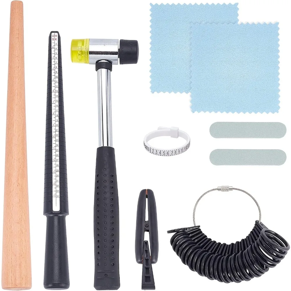 

Jewelry Ring Sizer Tools Set Ring Mandrel Kit Including Dual-Head Rubber Hammer Wood Mandrel Sizer Ring Clamp Finger Size Gauge