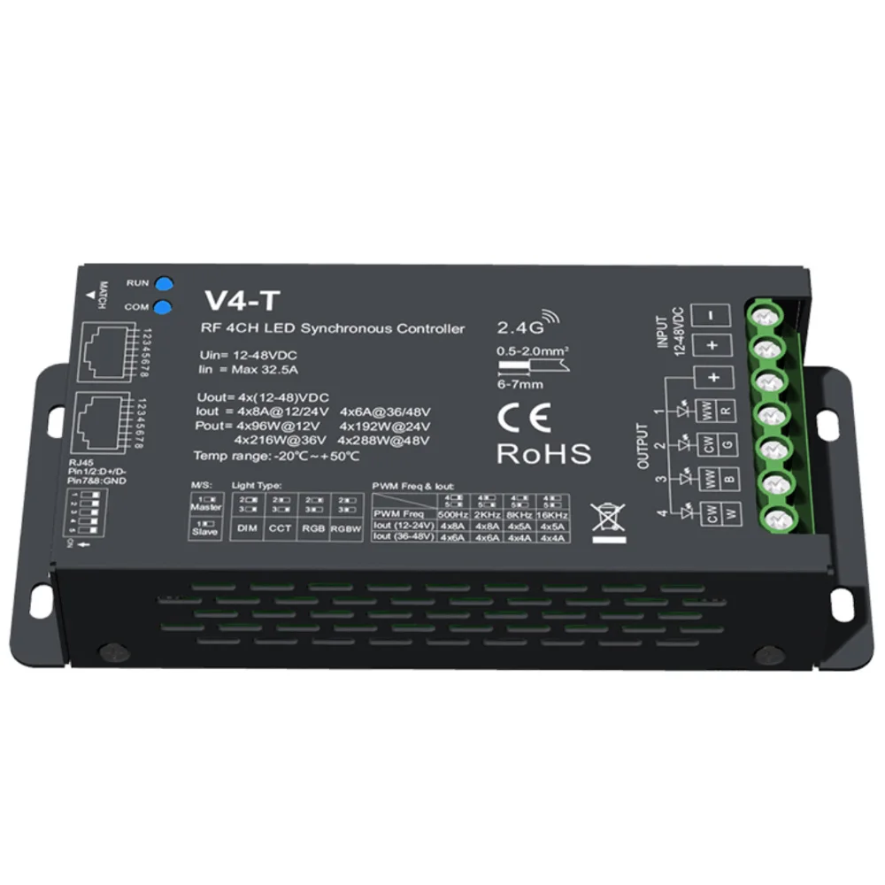 Controlador LED RGB V4-T DMX512 RJ45 4 canales 2,4G RF DC12-48V luz de Control remoto inalámbrico RGBW controlador de tira LED 16000Hz