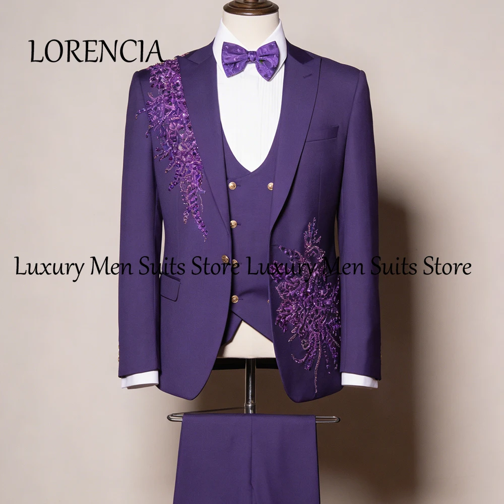 

Shiny Rhinestone Men Suits 3 Pieces Embroidery Tuxedos Wedding Party Outfits Customized Blazer Pants Vest Male Prom ropa hombre
