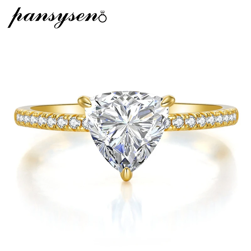 PANSYSEN 18k Gold Color Triangle Shape 1CT Lab Diamond Gemstone Engagement Ring Sparkling Real Silver 925 Fine Jewelry Wholesale