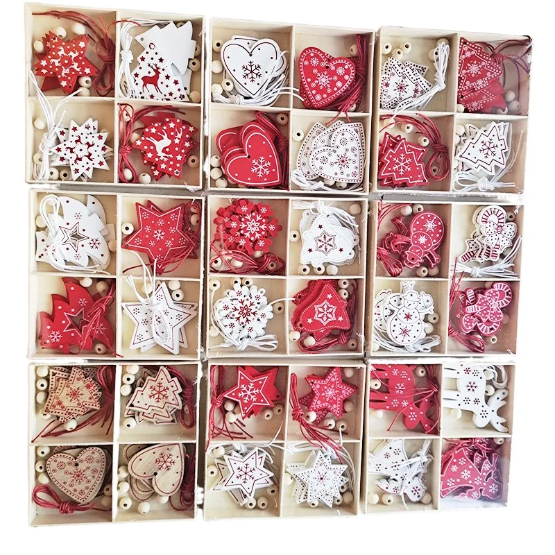 12pc/Box Diy Christmas Wood Ornaments For Christmas Tree White Red Christmas Tree Ornaments Gift Tags Decor Party Accessories