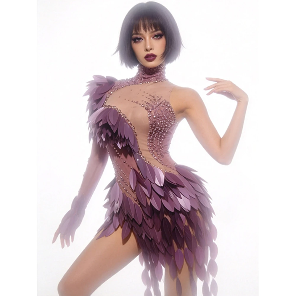 sparkly-rhinestones-plastic-leafs-shape-irregular-dress-for-women-sexy-single-sleeve-birthday-celebrate-evening-dance-costume