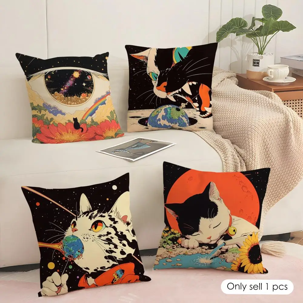 Cat and Earth Cushion Cover Soft Short Plush Pillow Cover Smooth Cozy Texture Aesthetic Cushion Case Home Decor