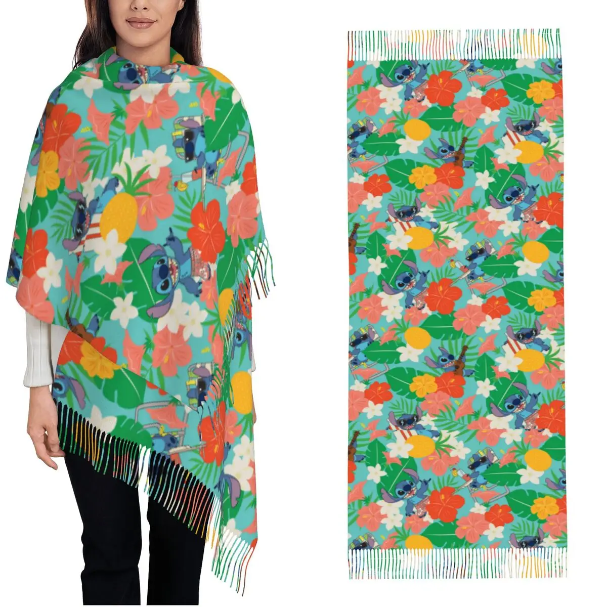 

Lilo & Stitch Floral Beach Shawls Wraps for Ladies Winter Warm Long Soft Scarf Pashmina Shawl Scarves