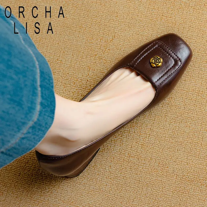 

ORCHA LISA Горячая новинка: Женские туфли-лоферы с квадратным носком, металлическим цветком, мягкие, ручной работы, на каждый день, размеры 32-33