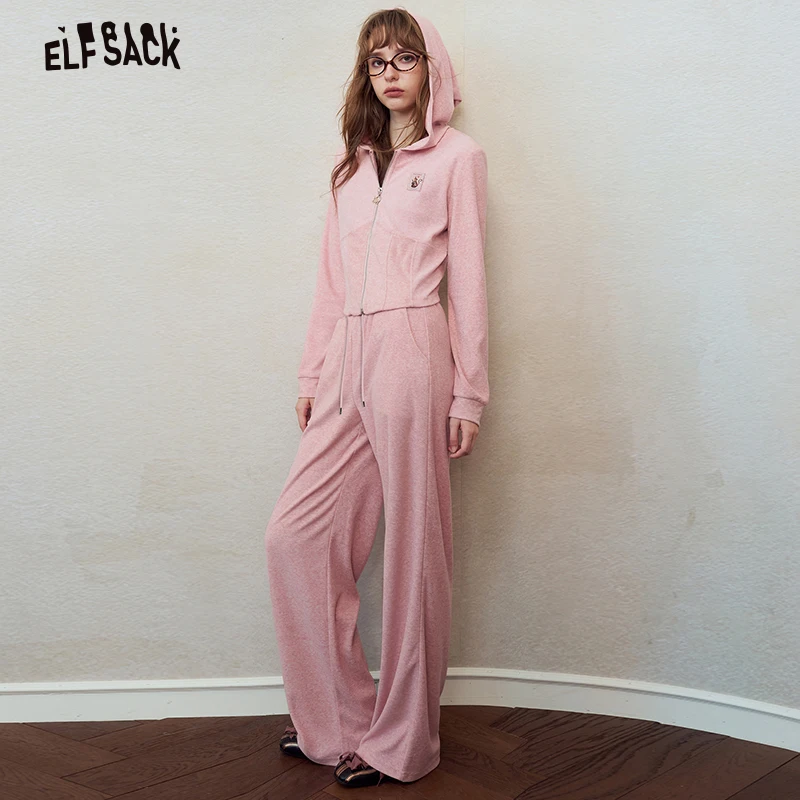 ELFSACK Women's Casual Hooded Tracksuit Set with Patch Detail, Zip-up Crop Top & Wide Leg Pants, Cozy Loungewear