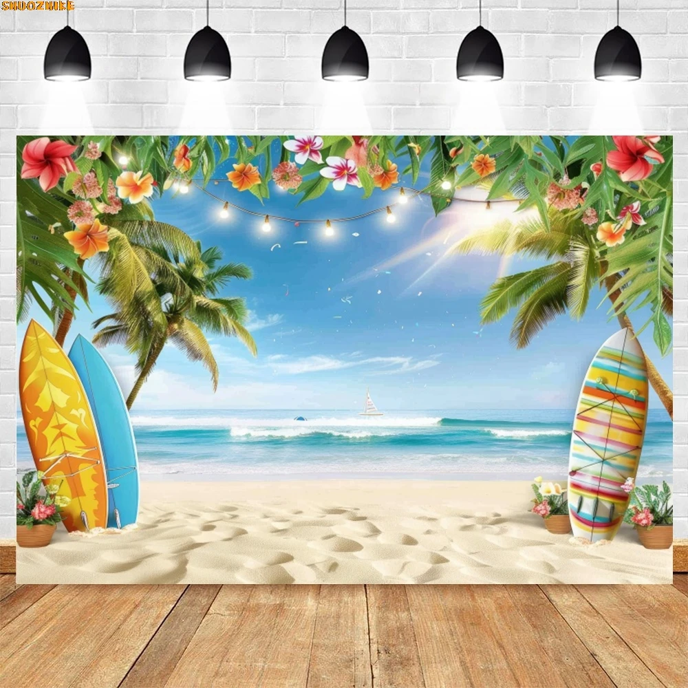 

Beach Hawaiian Photography Backdrop Summer Tropical Palm Tree Ocean Sea Seaside Surfboard Surf Party Photo Background Supplies