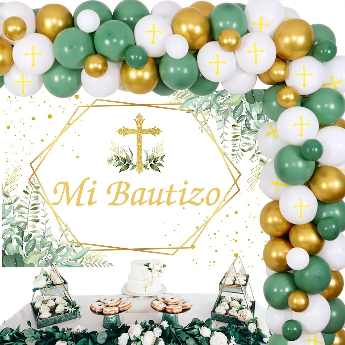 Mi Bautizo Party Decorations Sage Green Balloon Garland Kit Backdrop First Holy Communion Baptism Christening Party Supplies Kid