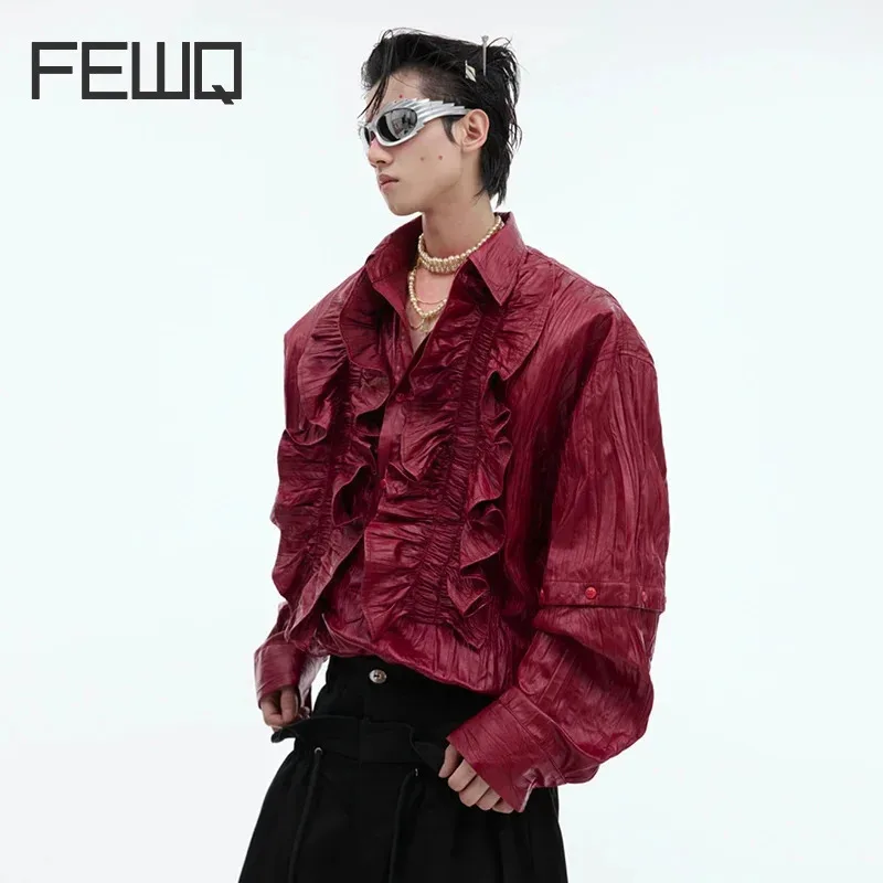 FEWQ Spring Autumn Niche Splicing Design Long Sleeved Shirt Pleated Luxury 2024 Turn-down Collar Solid Color Male Tops 24E2114