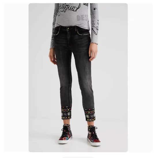 2025 Foreign Trade Original Order Spanish Embroidered Printed Sand Washed Pants Leg Shining Women's Jeans