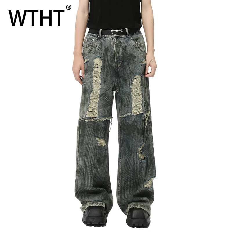 

WTHT Fashion Men‘s Heavy Industy Do Old Spliced Hole Design Denim Pants Vintage Summer High-waisted Straight Jeans Male 2A0098