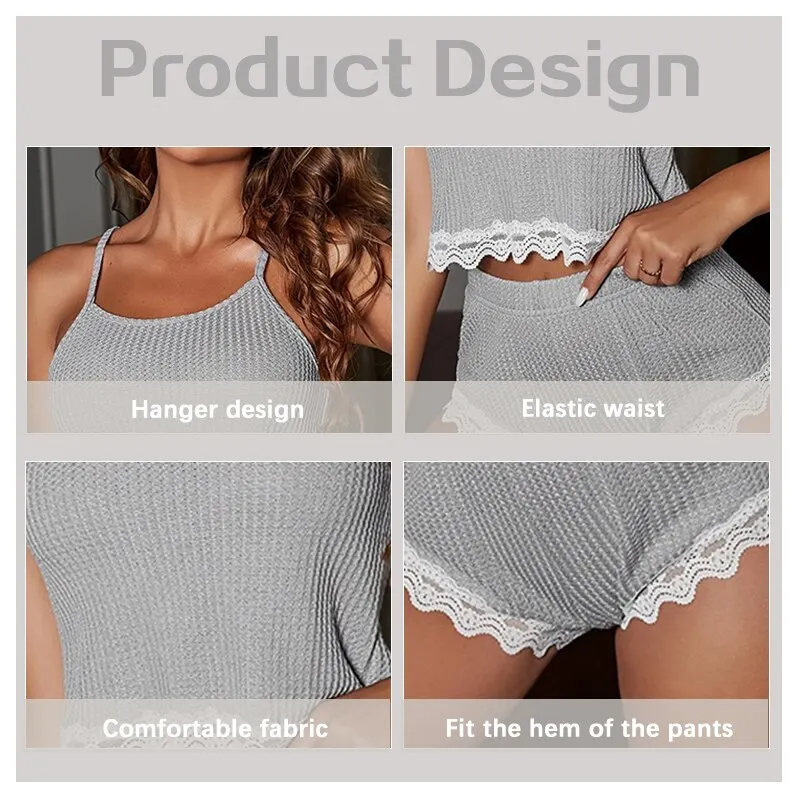 تي شيرت وسروال قصير ناعم ومريح للنساء بدون أكمام، ملابس منزلية فضفاضة، مجموعة بيجامات دانتيل مثيرة