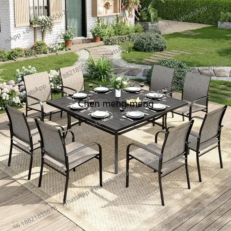 RR Pieces Patio Table and Chairs Set, Patio Dining Set for 8, 8 Brown Textilene Chairs and 1 Large Square Patio, Customized