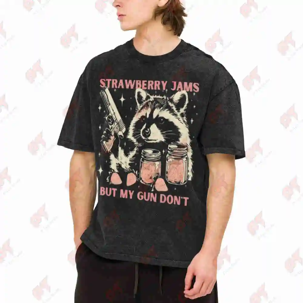 Raccoon Strawberry Jams Trash Panda Vintage Washed Tee Pure Cotton T-Shirt