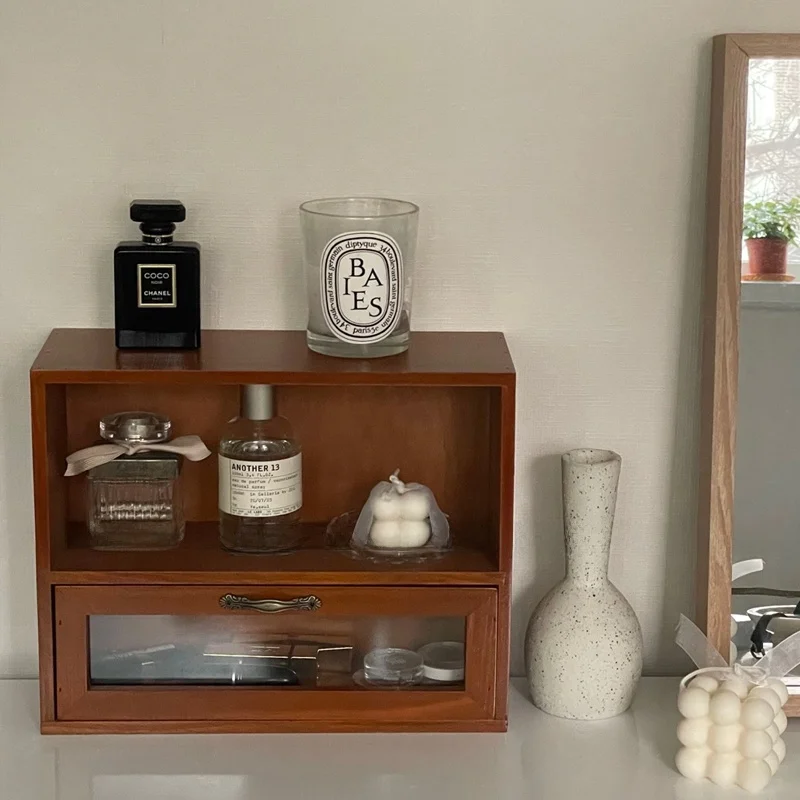 

Star Girl Vintage Wooden Desktop Organizer Cosmetic Storage Counter Small Wood Cabinet Home Organization Desktop Box