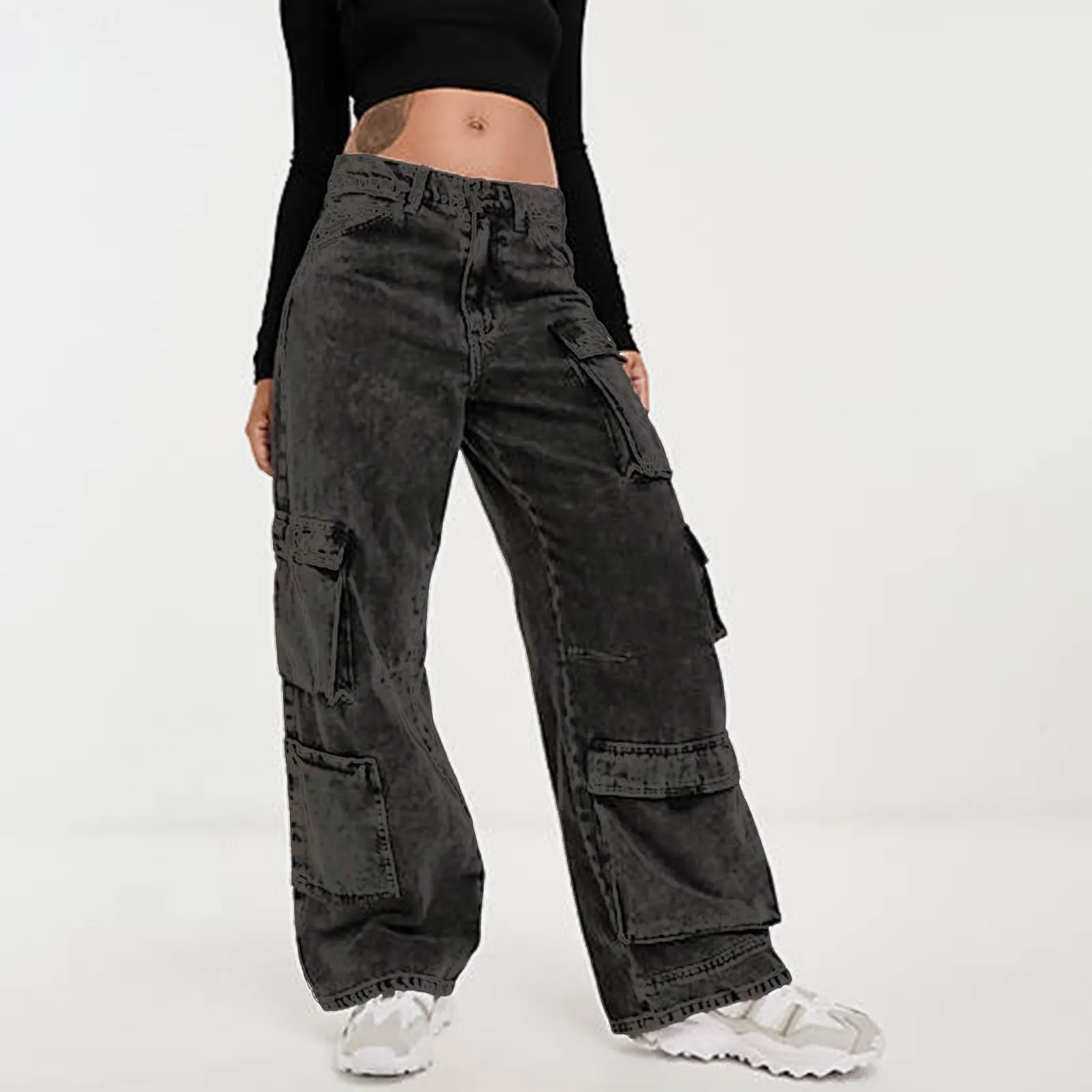 Four Seasons Women's Loose Wide Leg Dark Grey Solid Color Multi Pocket Cargo Jean Pants Casual Trendy High Street Denim Trousers
