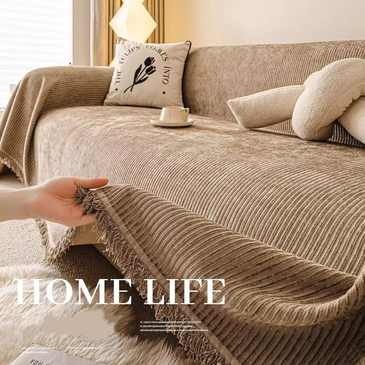 Solid Color Vertical Striped Sofa Cover with Tassel Fringe Edge Stain Resistant Multi-Purpose Furniture Protector Sofa Blanket