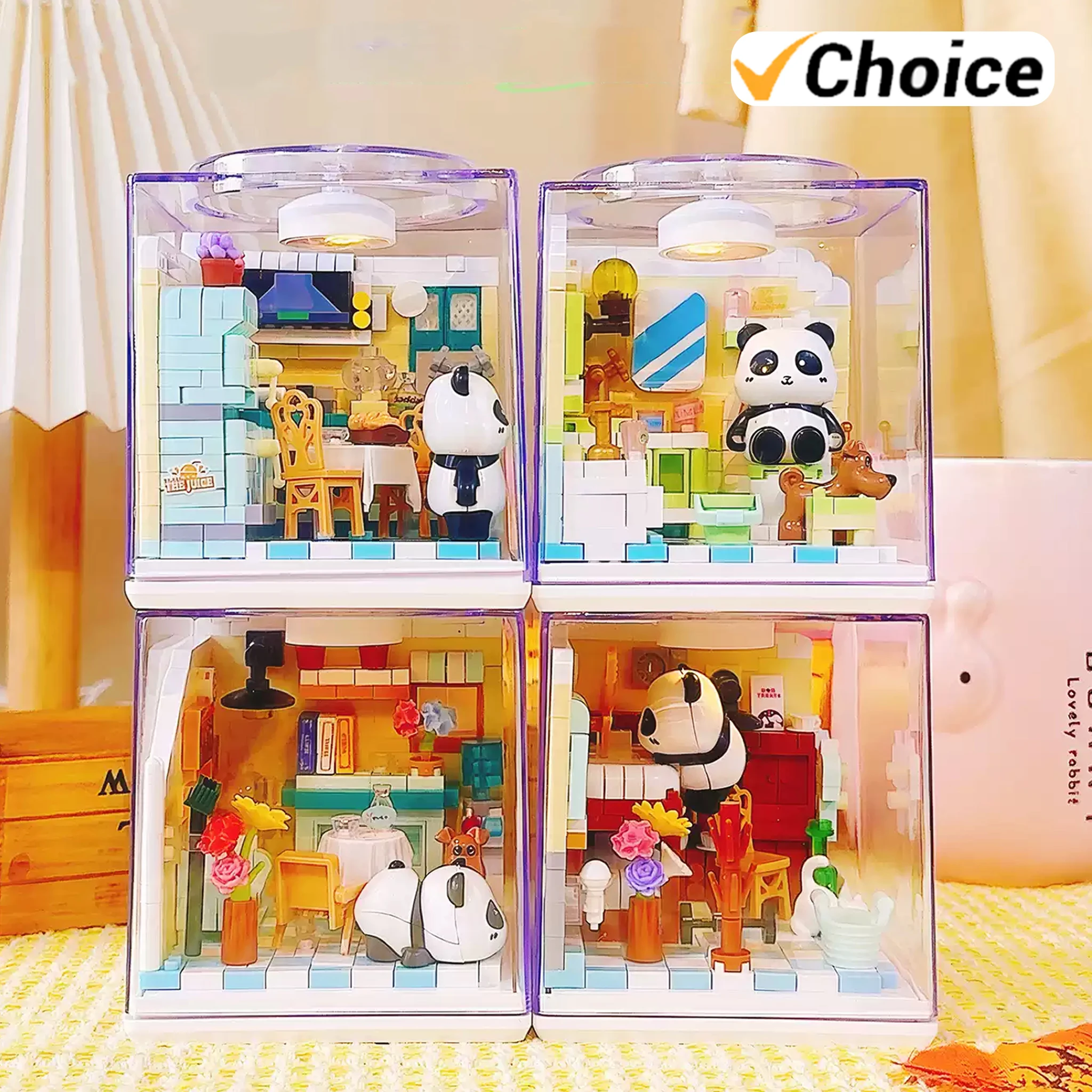 DIY Miniature Scene Collection for Home Decor Crafts Panda Daily Life Micro Doll Houses Set with Transparent Display Dust Cover
