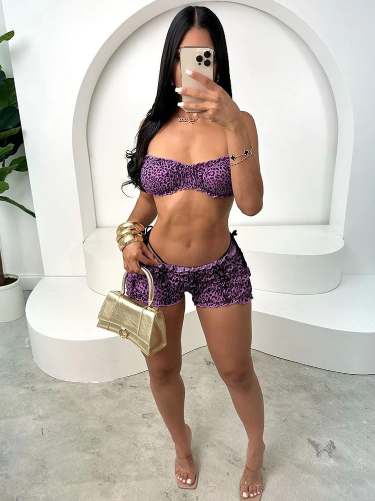

Weird Puss Leopard Print Women 2 Piece Set Sexy See Through Summer Ruffles Camisole+Shorts Vacation Matching Clubwear Outfits
