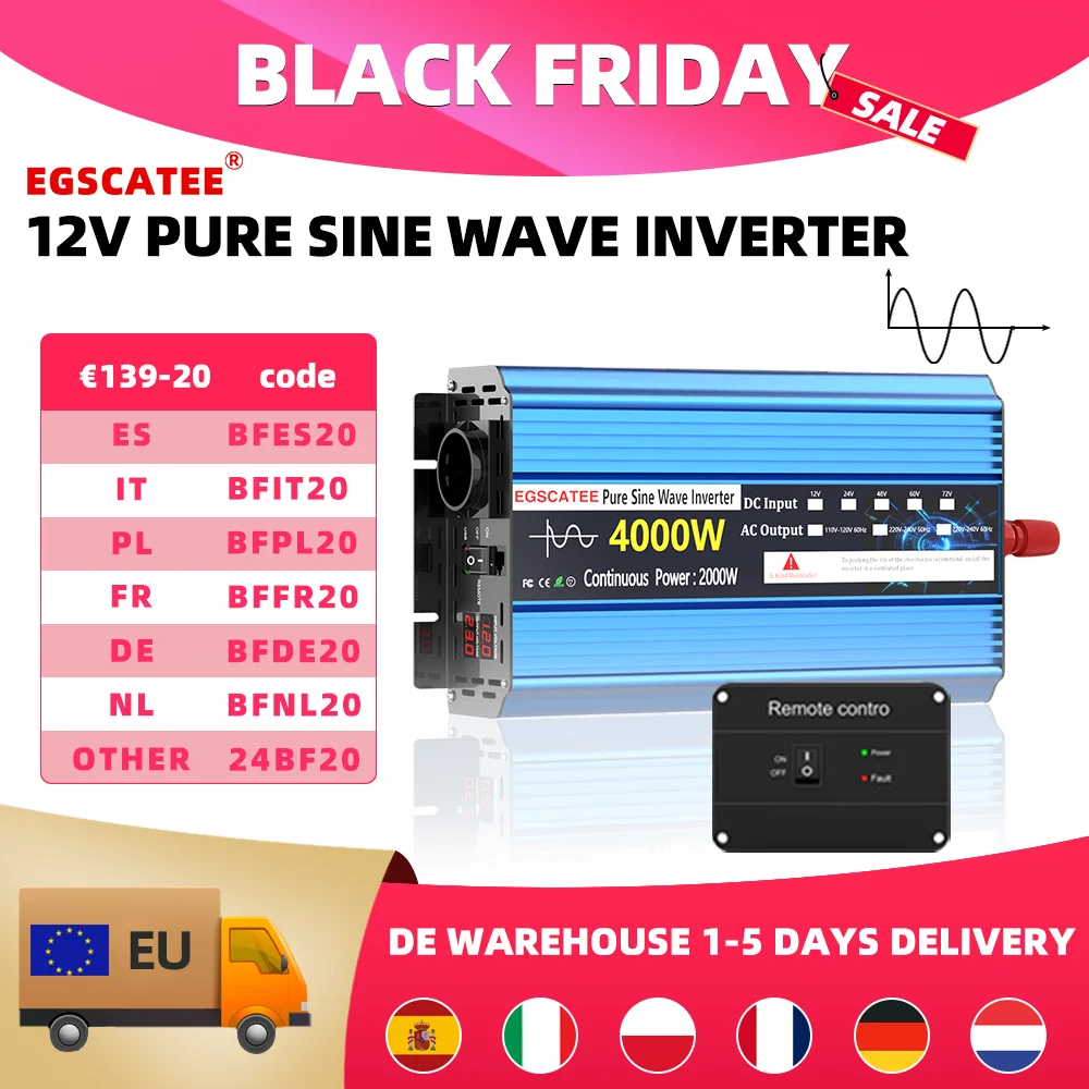 Pure Sine Wave Inverter DC 12V 24V to AC 230V 50HZ EU USB socket 4000W LED Voltmeter Converter Transformer