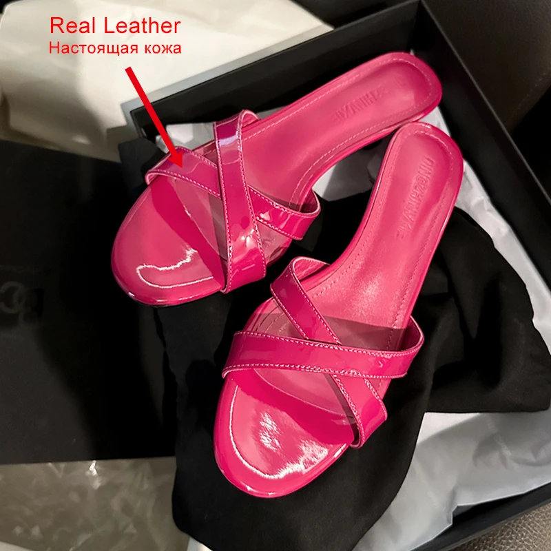 JOZHAMTA Size 34-40 Women Mules Sandals Patent Real Leather Slides Mid Heels Summer Shoes Casual Daily Home Outdoor Slippers