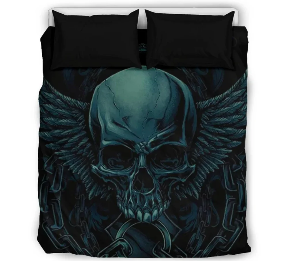 طقم لحاف مكون من 3 قطع على شكل جمجمة فضية - لحاف على شكل كومة جمجمة - غطاء سرير على شكل جمجمة - طقم سرير على شكل جمجمة