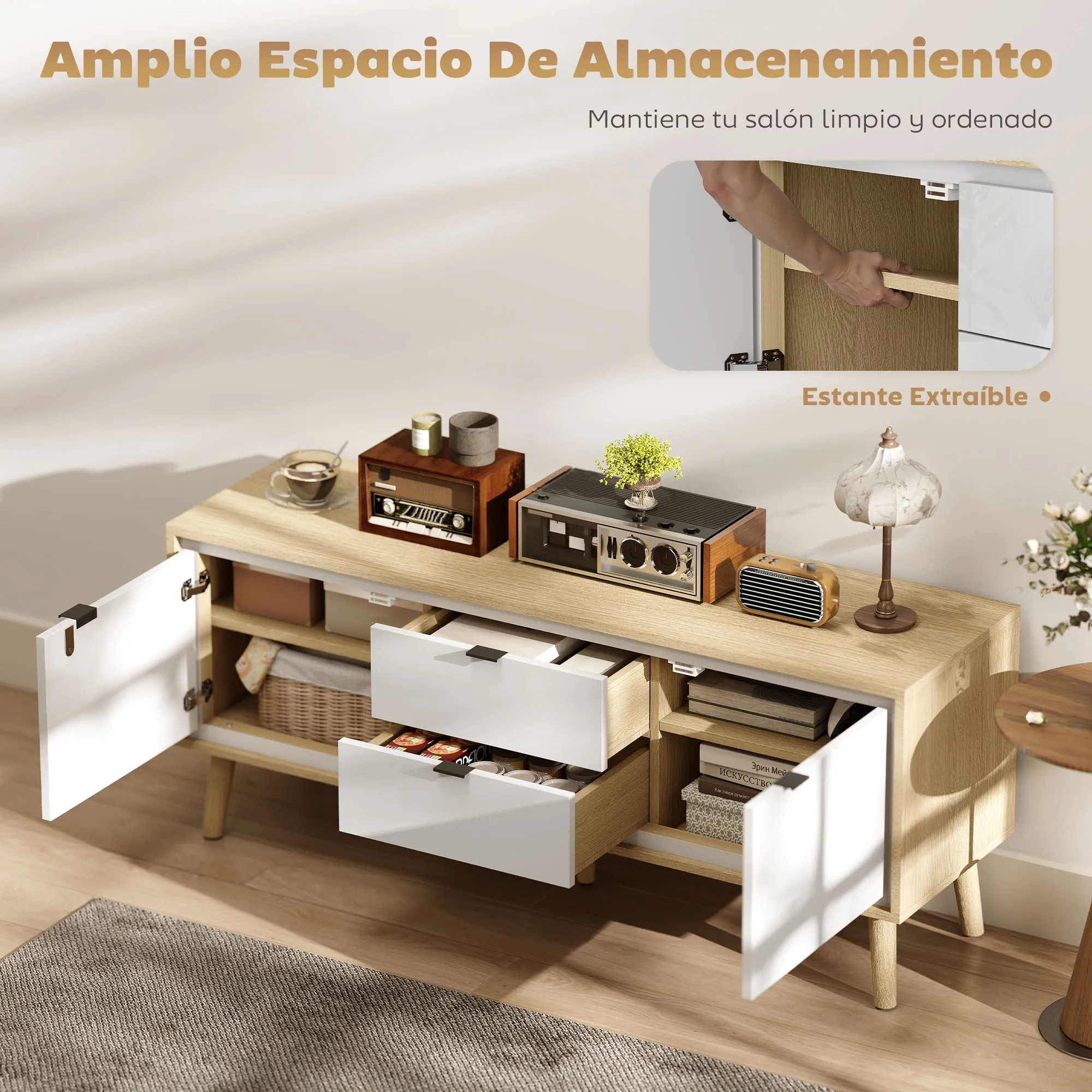 HOMCOM Mueble de TV Moderno de 2 Puertas, Mesa TV para Salón con 2 Cajones, Orificios Pasacables, Estantes Extraíbles y Ajustables, para Televisión 55 Pulgadas, 120x35x50 cm, Blanco Brillo y Roble