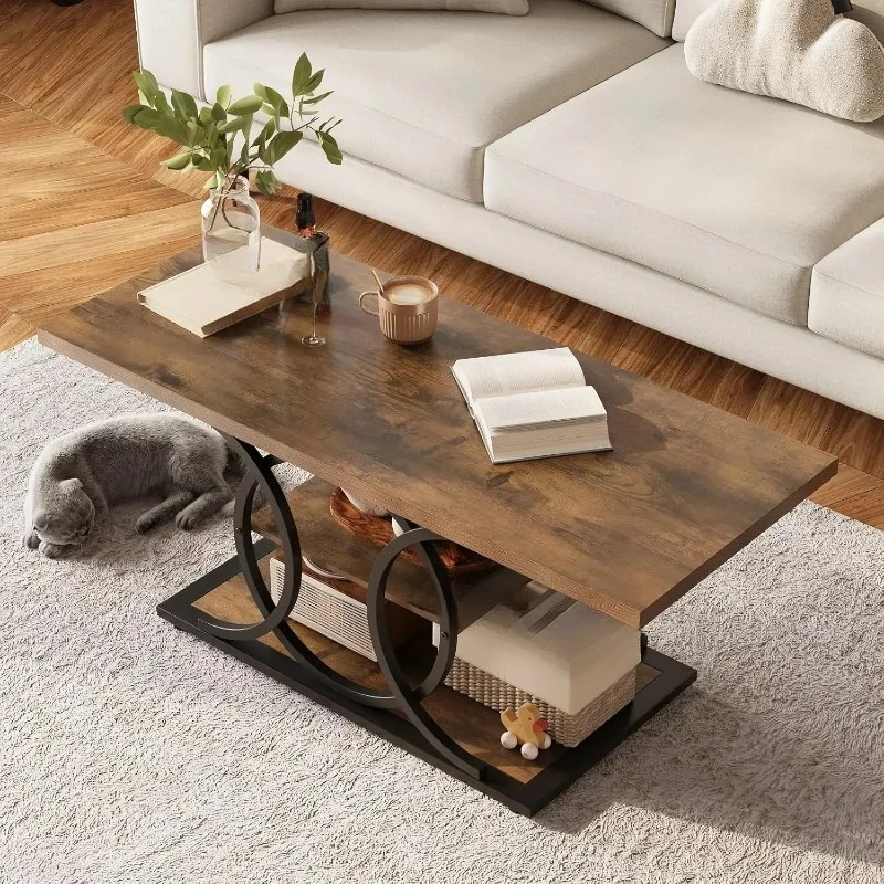 Rustic Coffee Table with Storage Industrial 3 Tier Center Living Room Table Farmhouse Wooden