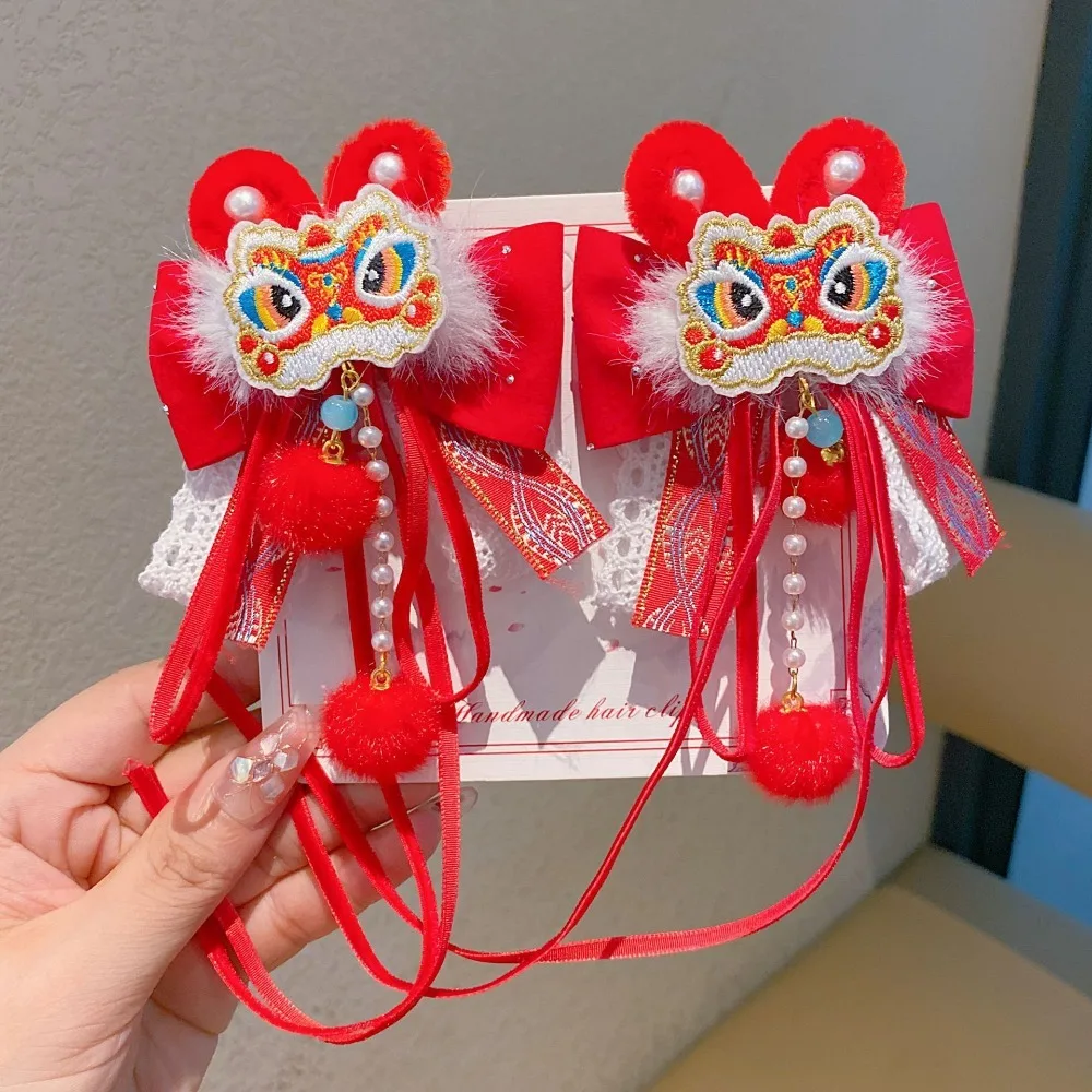 

Princess Lion Children's Chinese Hairpin Plush Ball Flower New Year Barrettes Tassel Bow Ancient Style Hair Clip Gift