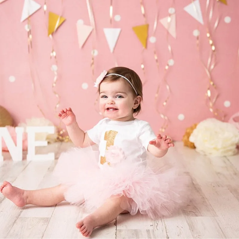 

Baby Girl Pink Summer1st Birthday Tutu Outfit Set Mesh Tulle Skirt Newborn Photography Prop Toddler Photo Shoot Princess Clothes